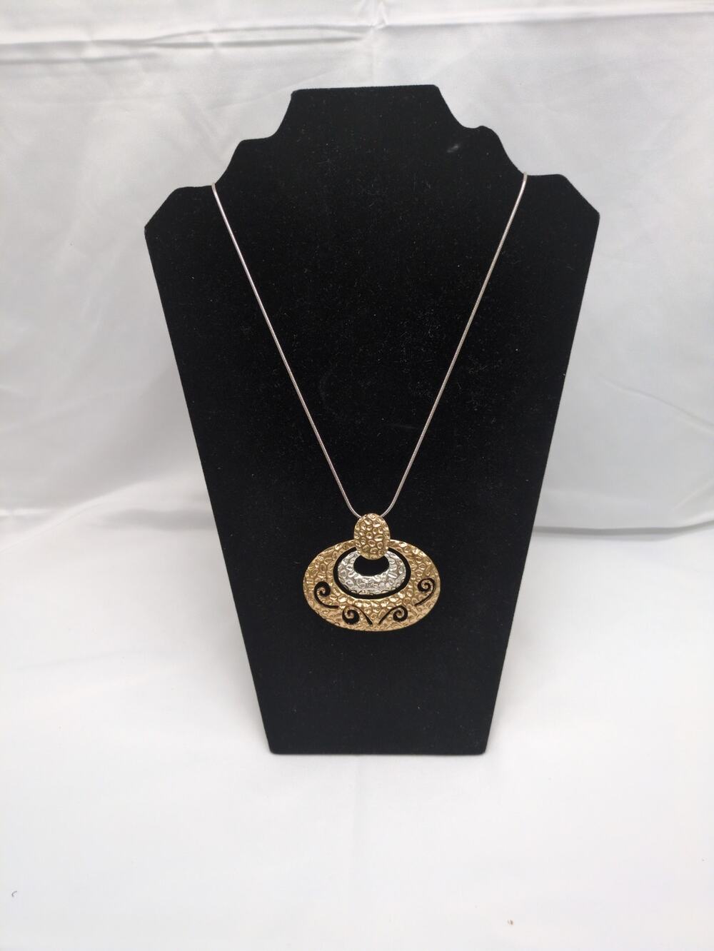 Vtg Marjorie Baer SF Modernist Statement Necklace Mixed Metal Hammered Pendant